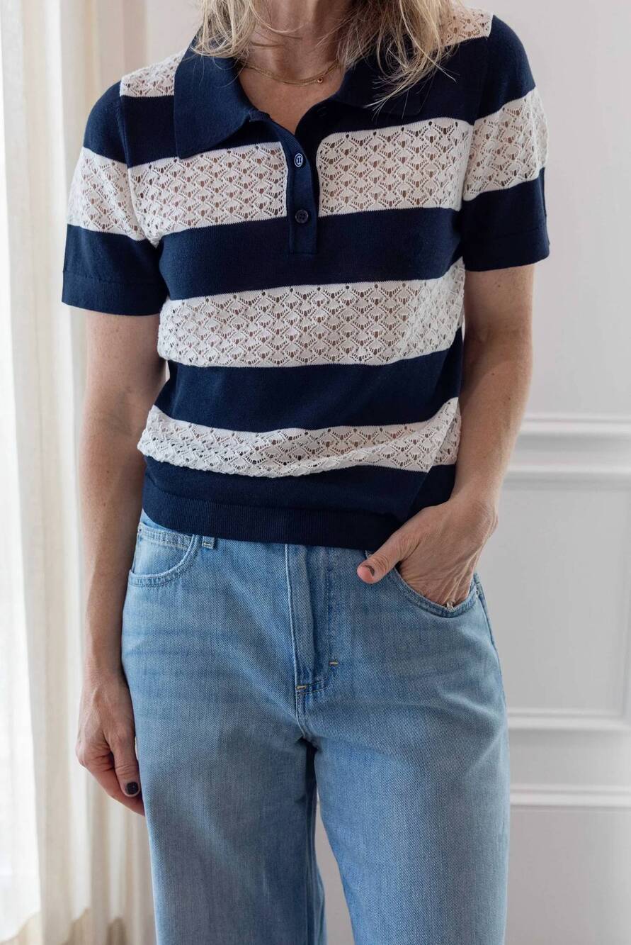 NEW THE GARMENT tanzania logo polo top in navy/cream